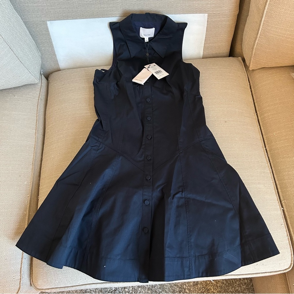 NWT Cinq a Sept Poppy Sleeveless Flared Mini Poplin Shirtdress - Navy Blue Sz4 - Picture 6 of 11